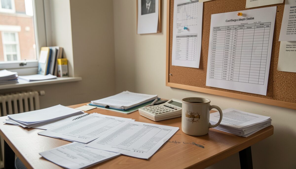 A cluttered West End production office in late afternoon light, with budget spreadsheets spread across a desk next to a mug of cold coffee and a casting breakdown pinned to a corkboard.