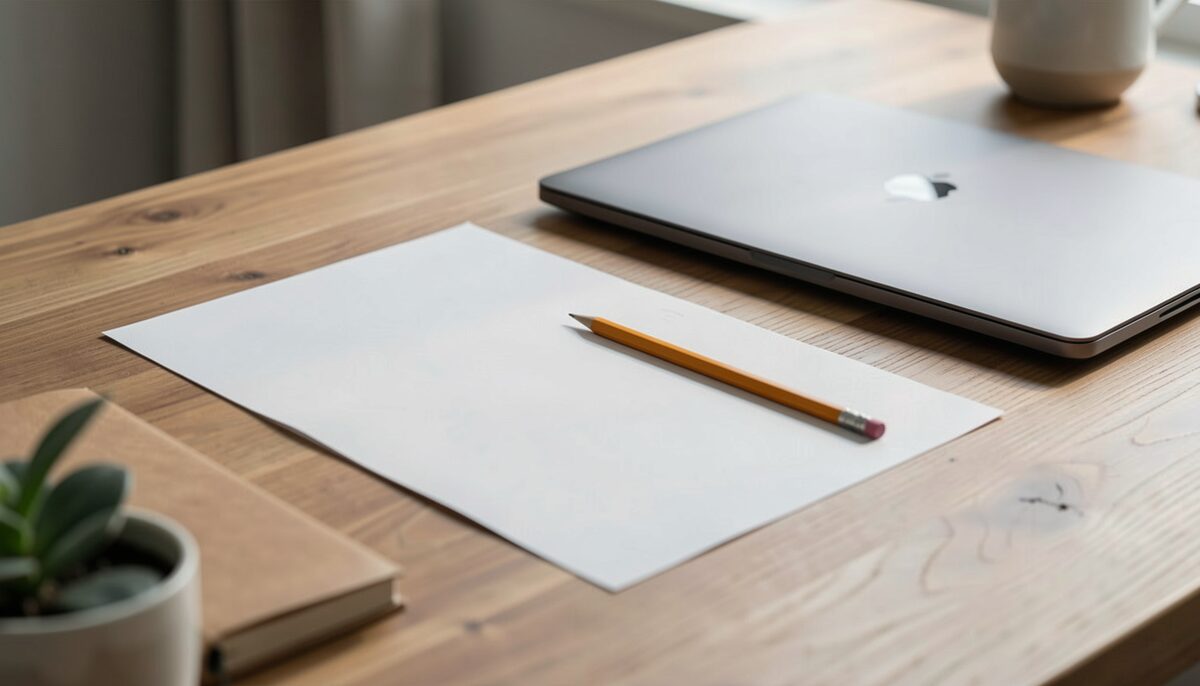 A desk with a blank sheet of paper, pencil, and a closed laptop, ready for planning.