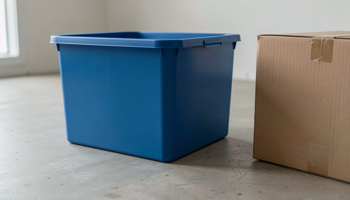 A plain blue plastic storage box on a concrete floor beside a cardboard box, neutral lighting.