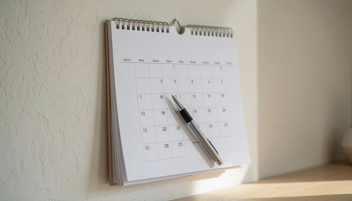 A wall calendar with no written dates, a pen resting on it, no text.