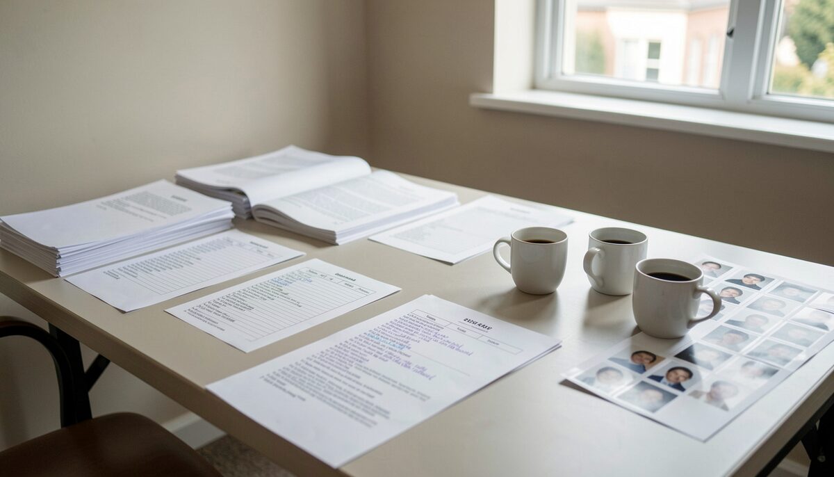 A quiet rehearsal-room corner in daylight, with scripts, annotated cast lists and coffee cups spread across a plain table beside stacked headshots.