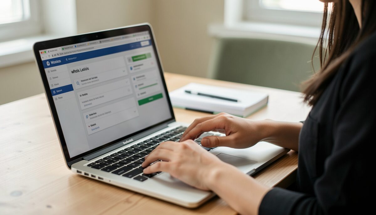 A person typing on a laptop with a whois lookup page open, no readable text.