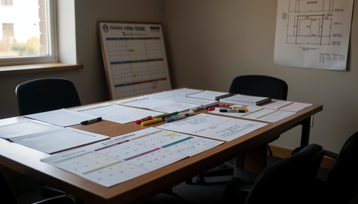 A dimly lit theatre office in late afternoon, a long table covered with printed calendars, coloured marker pens and annotated production schedules, stage plans leaning against a wall.