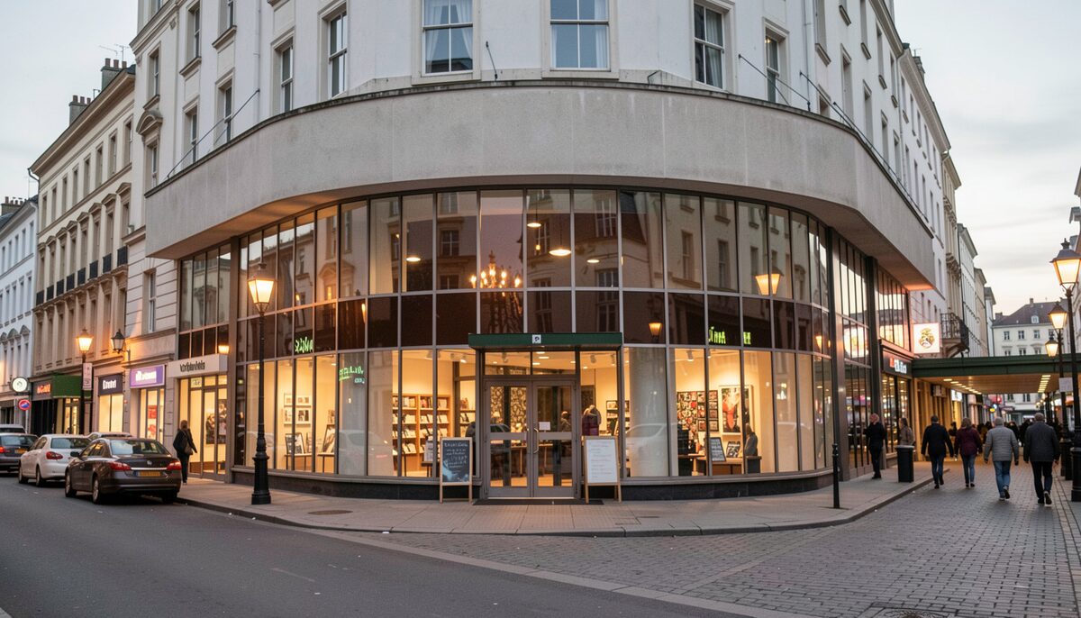 The curved glass frontage of a 1970s city-centre theatre at dusk, streetlights reflecting in the windows beside a pedestrian shopping precinct.