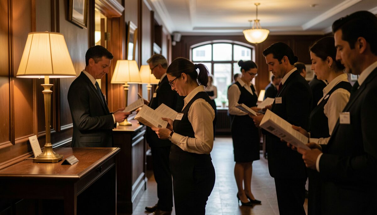 A dimly lit theatre lobby just before a performance, with ushers checking printed programmes under warm lamps.
