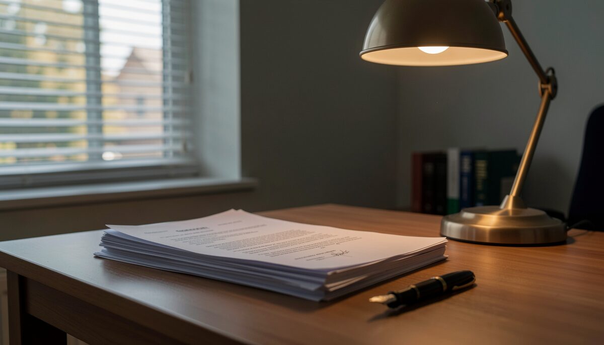 A stack of paper contracts and a fountain pen on a wooden desk beside a reading lamp in a dim office, late afternoon light through blinds.