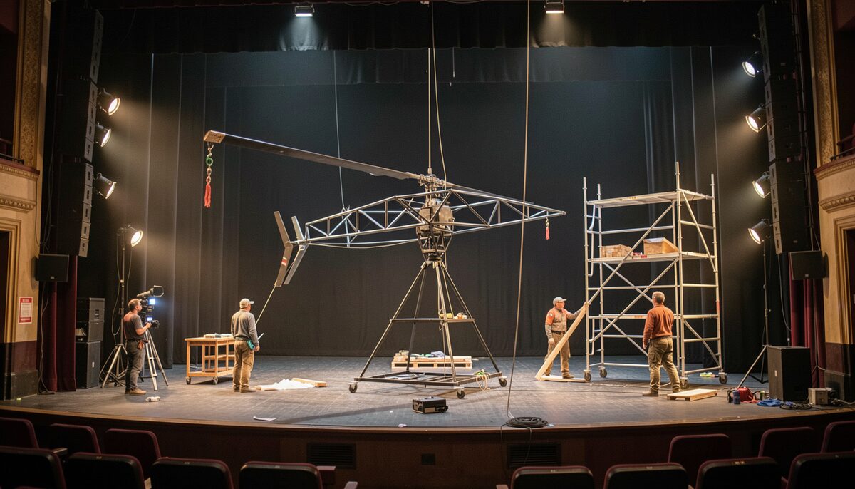 A dimly lit theatre stage during a load-in, with a helicopter prop frame, scaffolding, and technicians in work clothes checking rigging under warm work lights.