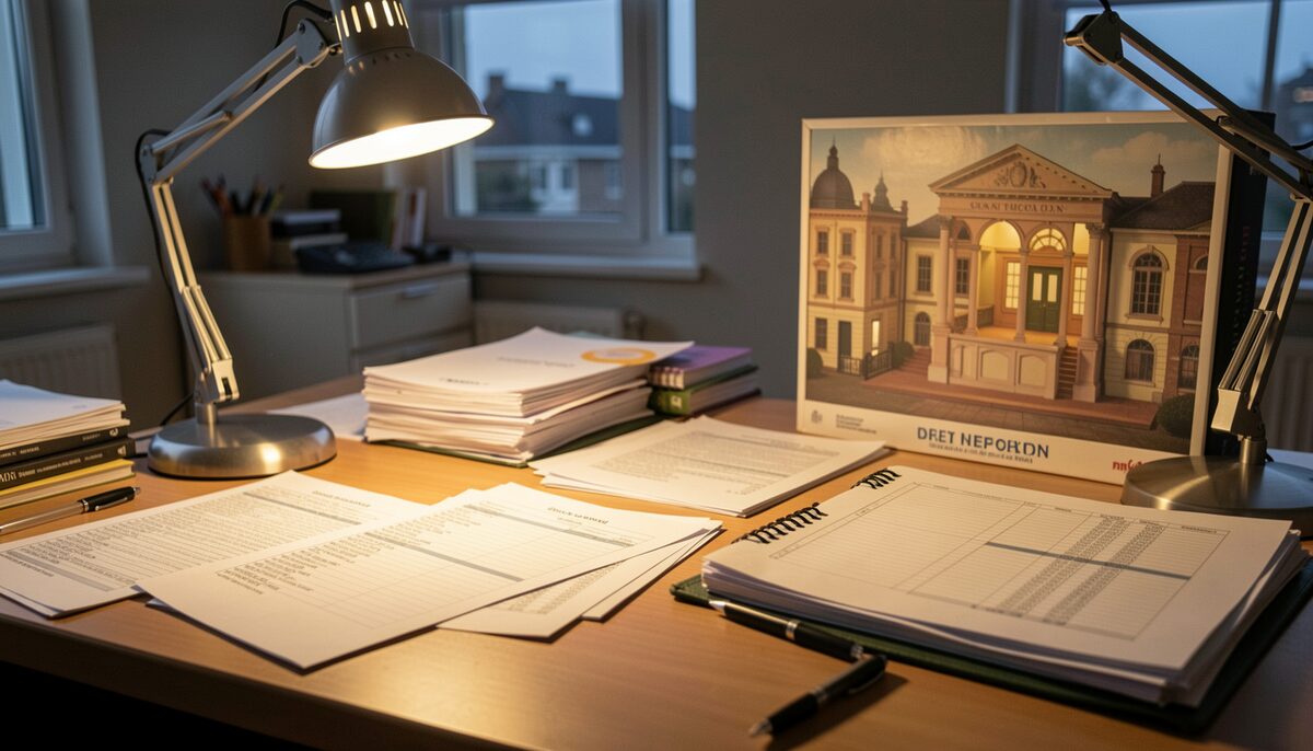 A cluttered production office desk at dusk, papers and budget spreadsheets spread under a warm desk lamp, with a model theatre set box in the background.