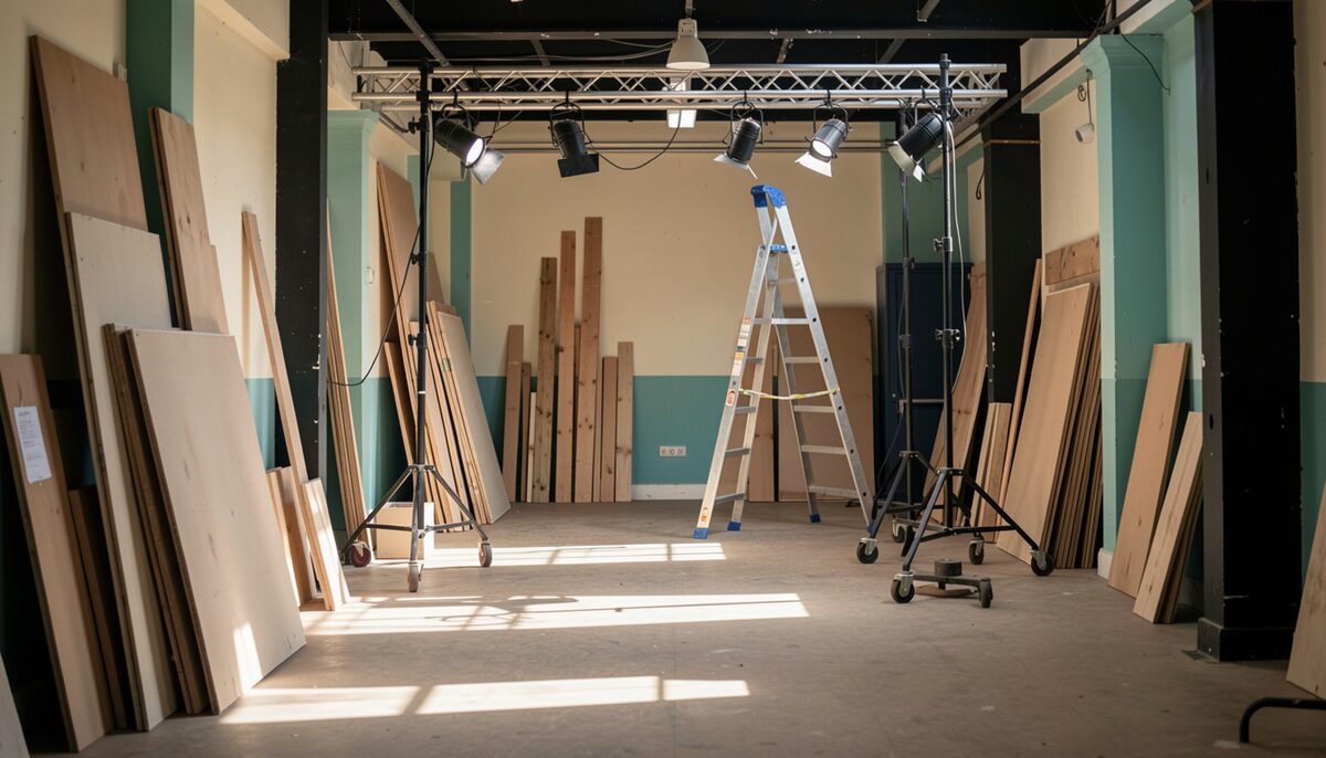 The backstage of a mid-sized repertory theatre in the afternoon: flats and lengths of timber leaning against painted walls, a ladder under a rigging grid, work lights throwing long shadows across a bare stage.