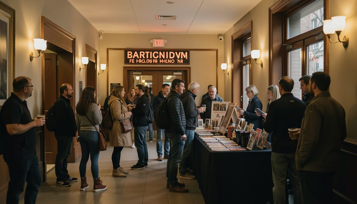 A dim theatre lobby before a late performance, a small crowd gathered near a merchandising table under warm tungsten light.