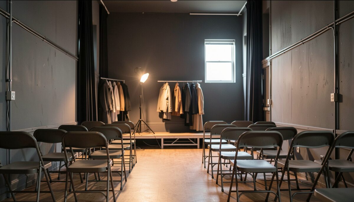 A narrow studio theatre interior before a performance: rows of folding chairs, low stage lit by a single warm work light, coats hanging on a rail at the back.