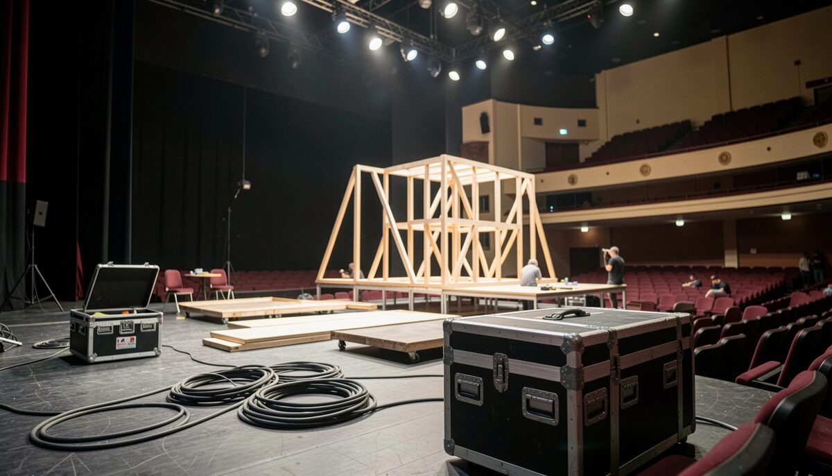 Empty regional theatre stage under work lights, with flight cases, coiled cables and a partially built set waiting for the afternoon get-in.