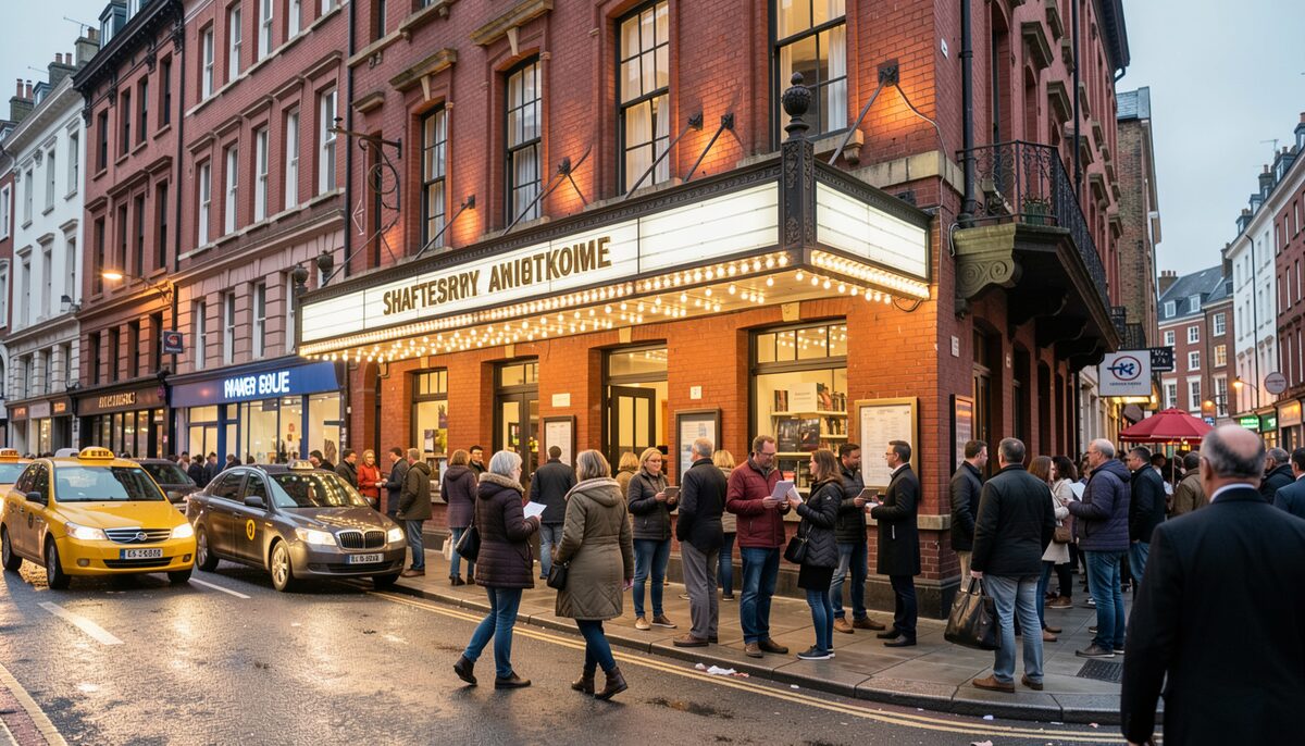 Evening light on a red-brick Victorian theatre facade near Shaftesbury Avenue, brass signage glowing, pavement crowded with theatregoers holding tickets, taxi lights reflecting on wet asphalt.