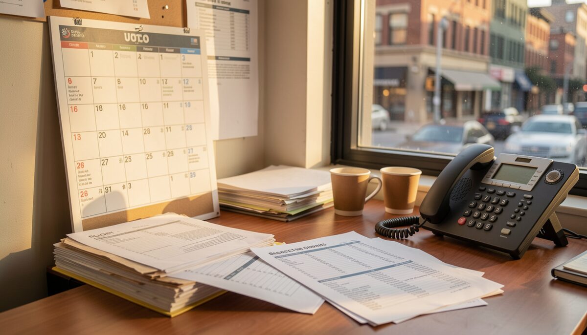A cluttered production office desk at golden hour, with budget spreadsheets printed on paper, a scheduling wall calendar, a landline phone and twocoffee cups beside a window overlooking a city street.