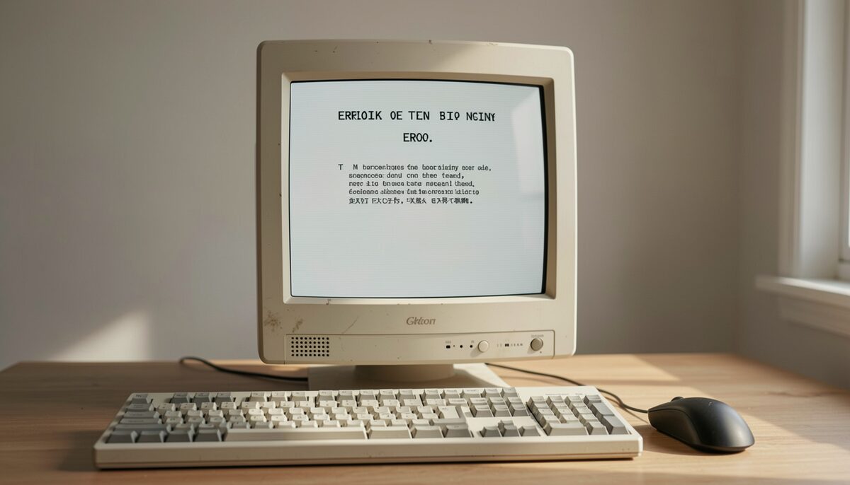 An old computer monitor displaying a generic error page, keyboard and mouse nearby, no readable text.